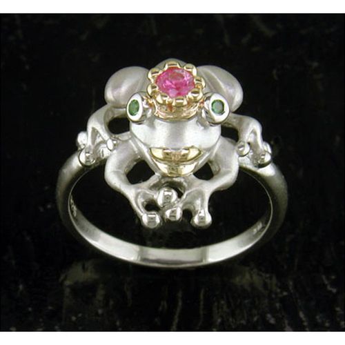 Pink Sapphire Prince Frog Ring - Sterling Silver and 14K Gold  - SD-SGR215P