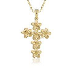 14K Yellow Gold Cross|Plumeria's|Tropical Flowers Pendant