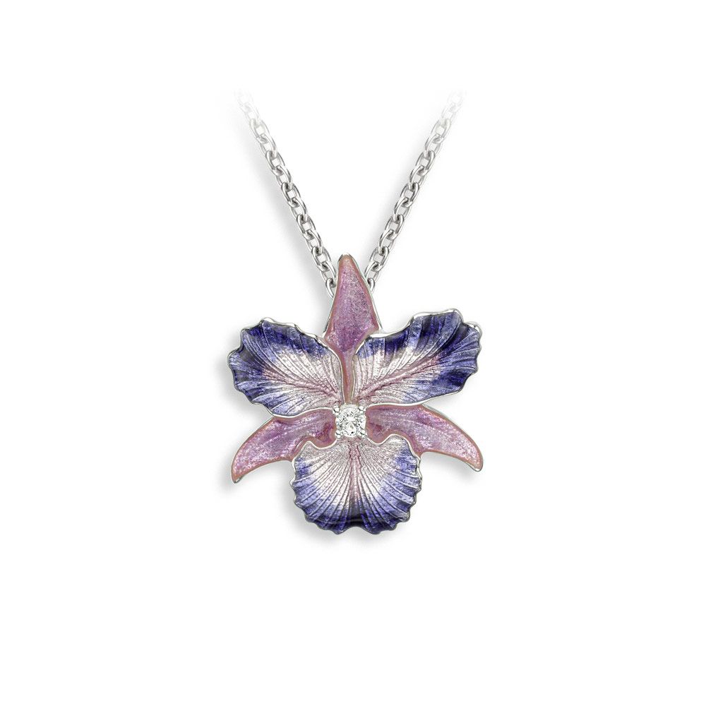 Purple-Pink Orchid Necklace-White Sapphires  Sterling Silver - NN0598YB