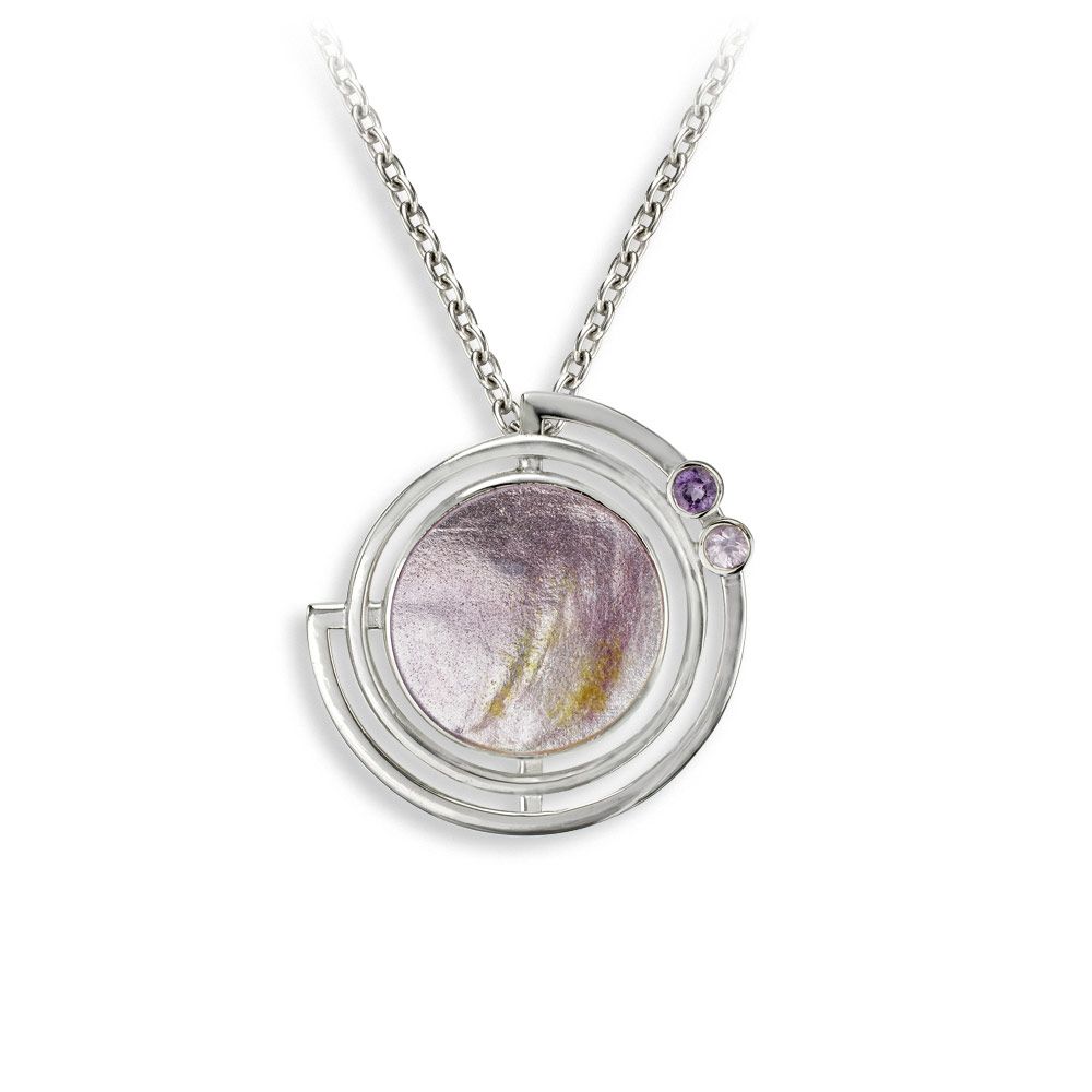 Purple Round Planet with Rings Necklace - Amethyst-Pink Sapphires  Sterling Silver - NN0578YB