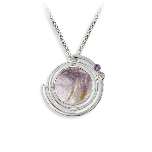 Purple Round Planet with Rings Necklace - Amethyst-Pink Sapphires  Sterling Silver - NN0578YB