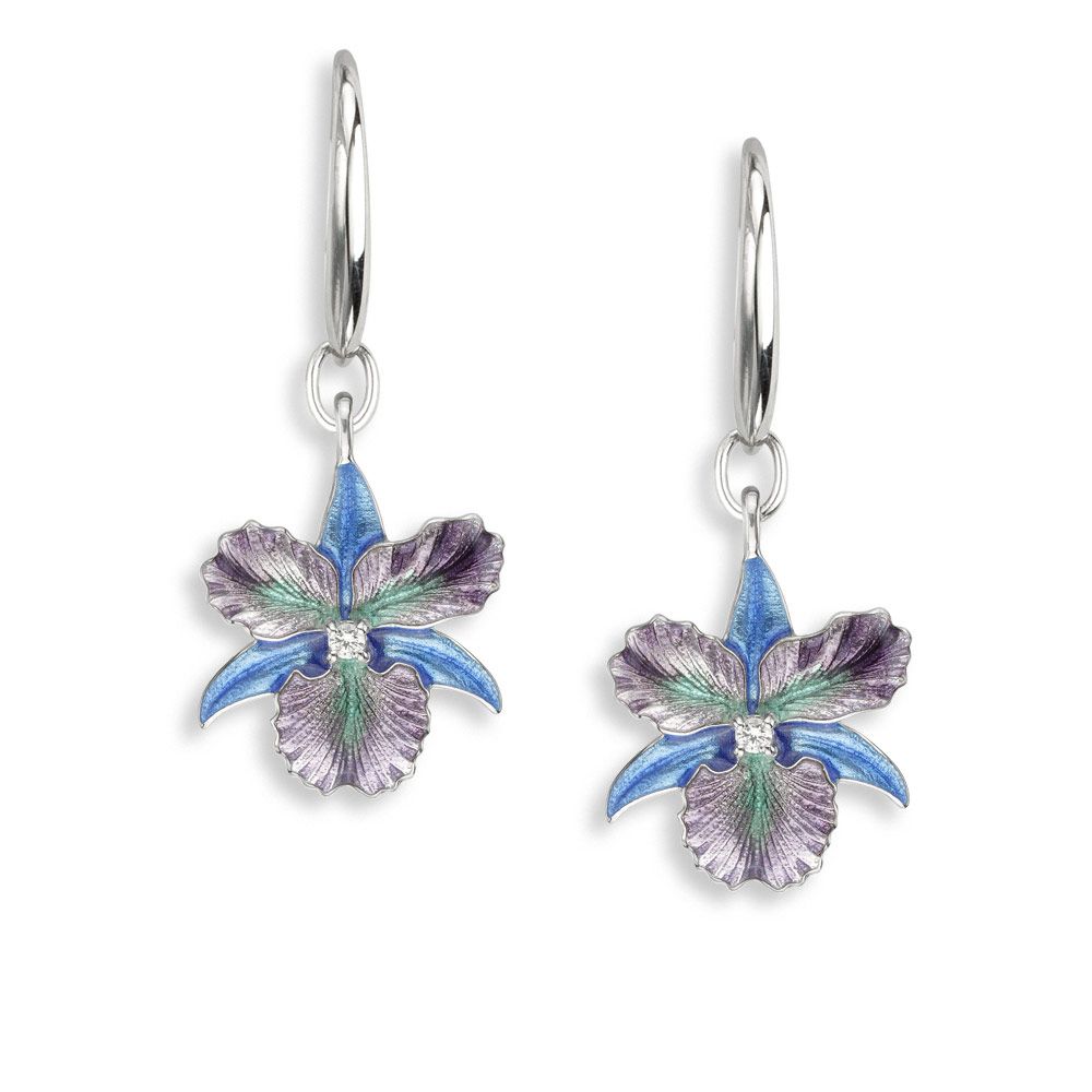 Purple-Turquoise Orchid Wire Earrings-White Sapphires  Sterling Silver - NW0598YA