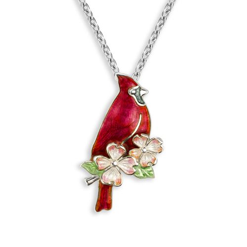 Red Cardinal and Dogwood Sterling Silver Necklace 25 mm  - NN0464A