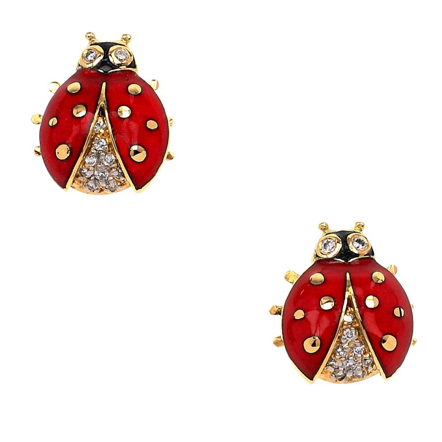 Red Ladybug Stud Earrings 18K -Diamonds - NEG011WA