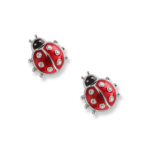 Red Ladybug Stud Earrings Sterling Silver-White Sapphires - NE0133YA