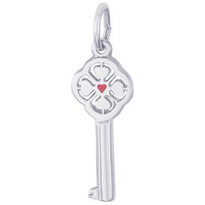 Key Red Center 4 Heart Charm White Gold - 10-8414