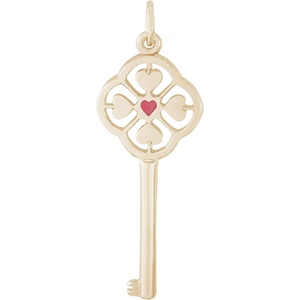 Large Key Red Center 4 Heart Charm 14K Gold - 10-8413
