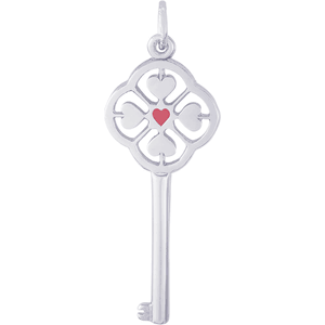 Large Key Red Center 4 Heart Charm White Gold - 10-8413