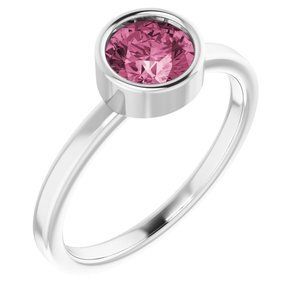 Rhodium-Plated Sterling Silver 6 mm Round Imitation Pink Tourmaline Ring - 71806:637:P