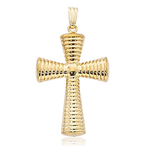 Ribbed Cross with Bail Pendant - 14K Yellow Gold