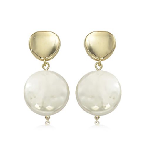 Round Coin Pearl Drop Earrings - 14K Yellow Gold