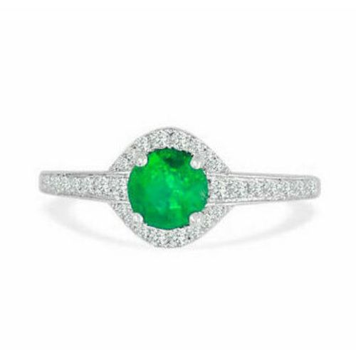 Round Emerlad & Diamond Halo Top Single Shank One Of Kind Ring