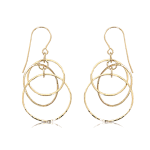 Round Hammered Rings Drop Earrings - 14K Yellow Gold
