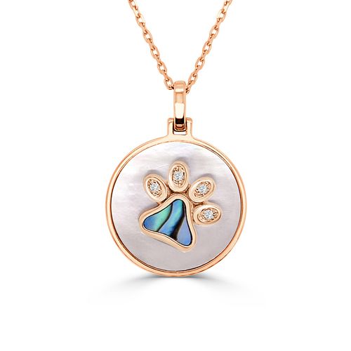 Round Pink Mother of Pearl & Abalone Half Diamond Slanted Paw Happy Pendant