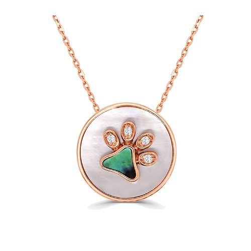 Round Pink Mother Of Pearl Half Diamond & Abalone Slanted Paw Happy Pendant