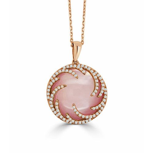 Round Rose Quartz With Pink Mother Of Pearl & Diamond Luna  Fire  Pendant