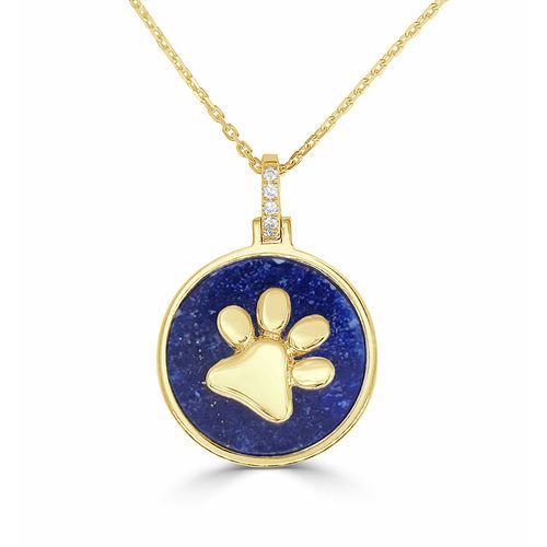 Round Slanted Polished Paw Lapis & Diamond Happy Pendant
