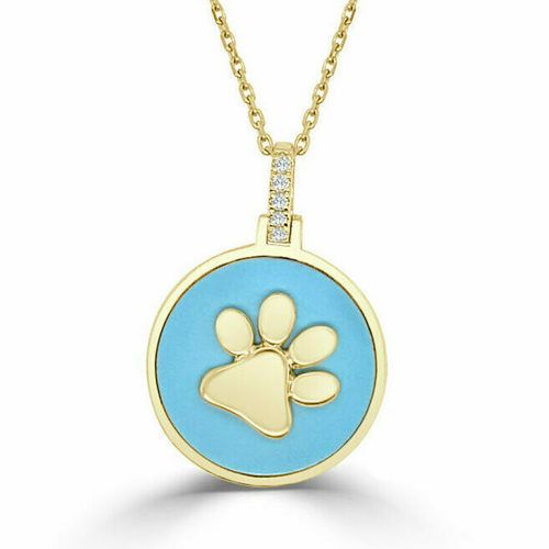 Round Slanted Polished Paw Turquoise & Diamond Happy Pendant