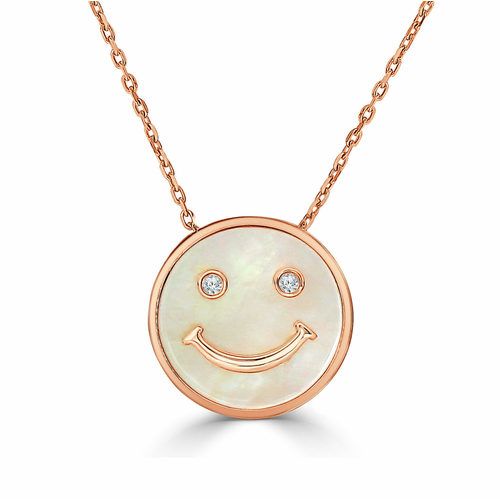 Round White Mother of Pearl and Diamond Happy Face Pendant