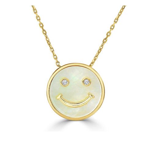 Round White Mother of Pearl and Diamond Happy Face Pendant