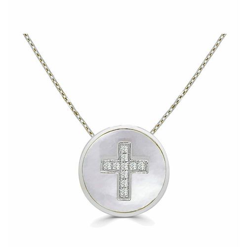 Round White Mother of Pearl & Diamond Cross Happy Pendant
