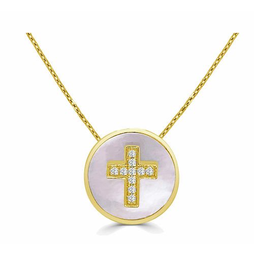 Round White Mother of Pearl & Diamond Cross Happy Pendant