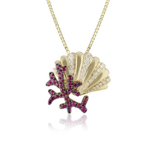 Ruby Coral Seashell Gold Pendant, Hawaiian Inspired Pendant, SSP-36066