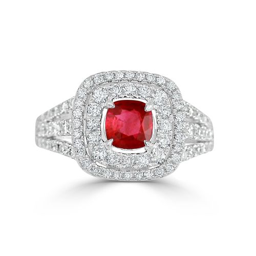 Ruby Double Halo ring set in White Gold with Diamonds