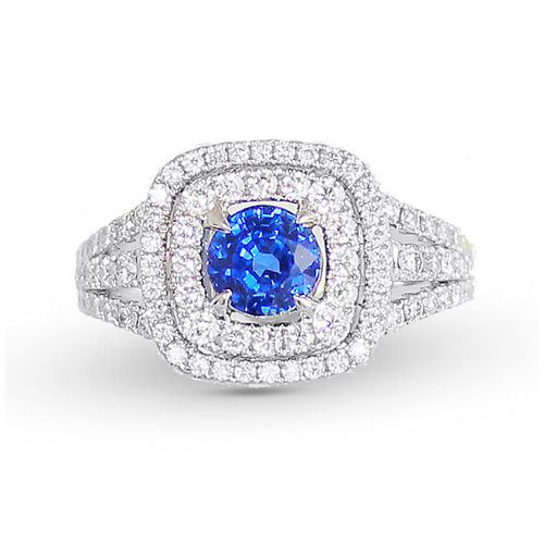 Sapphire Double Halo ring set in White Gold with Diamonds