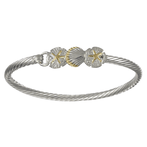Scallop and Sand Dollar Hook Bracelet - Silver & 14K 3.5mm 7.5 Inch