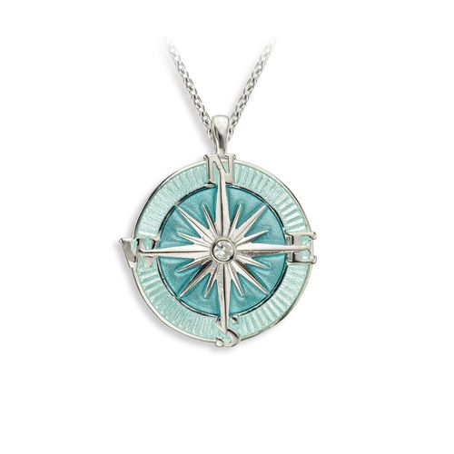 Sea Green Compass Rose Necklace  Sterling Silver-White Sapphire - NN0370YD