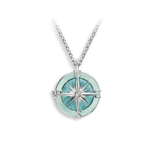 Sea Green Compass Rose Necklace  Sterling Silver-White Sapphires - NN0418YD