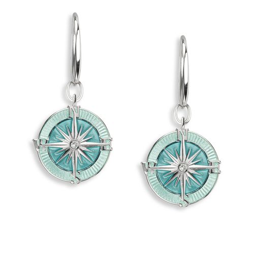 Sea Green Compass Rose Wire Earrings  Sterling Silver-White Sapphires - NW0370YD