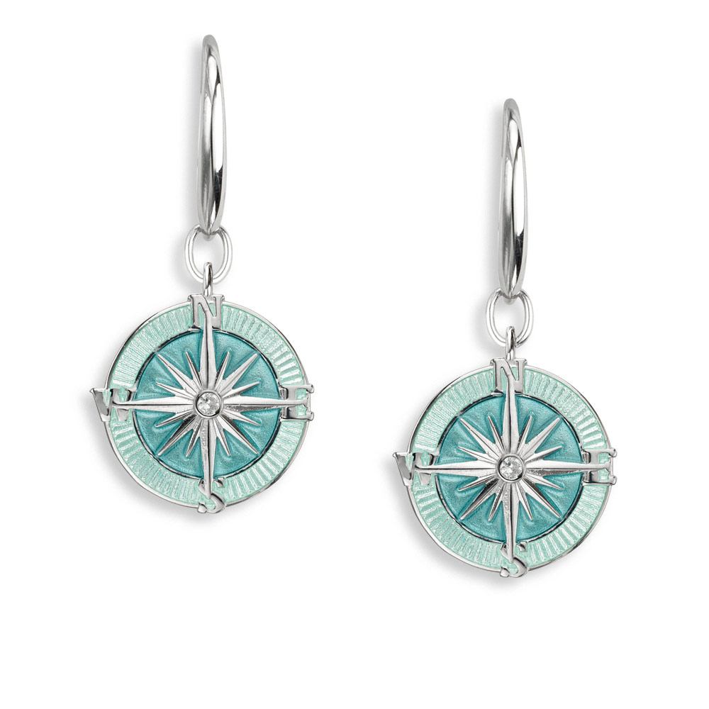 Sea Green Compass Rose Wire Earrings  Sterling Silver-White Sapphires - NW0370YD