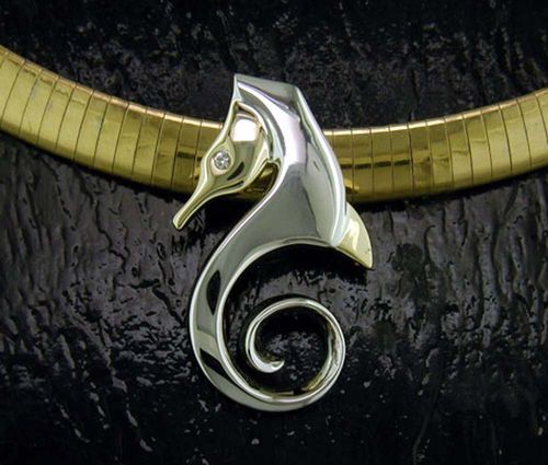 Sea Horse Pendant/Slide with White Sapphire Eye - Sterling Silver and 14K Gold  - SD-SGS610