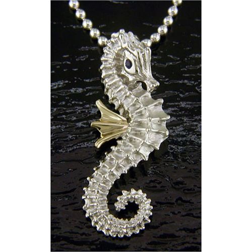 Sea Horse Pendant with Blue Sapphire - Sterling Silver and 14K Gold  - SD-SGP600