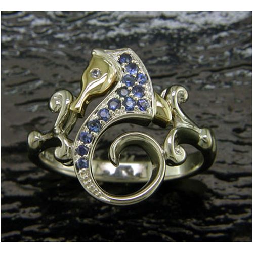 Sea Horse Ring with Blue Sapphire Eye - Sterling Silver and 14K Gold  - SD-SGR612B