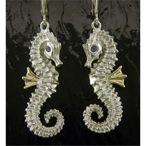 Sea Horse with Blue Sapphire Earrings - Sterling Silver and 14K Gold  - SD-SGE600