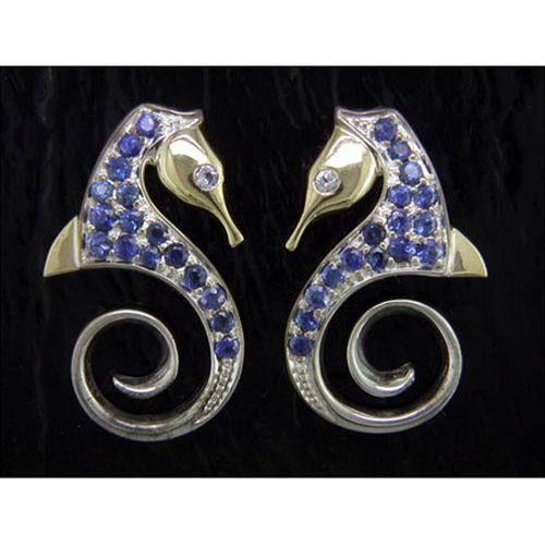 Sea Horse Earrings with Blue Sapphire - Sterling Silver and 14K Gold  - SD-SGE614B