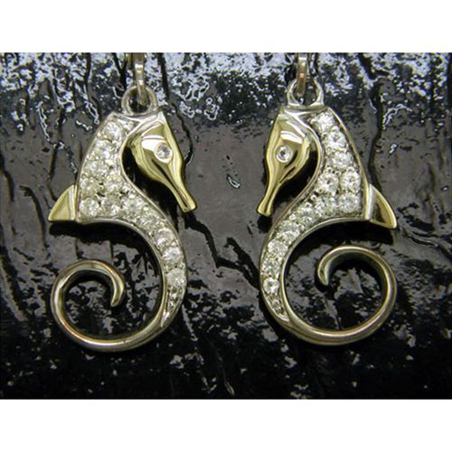Sea Horse with Diamond Dangle Earrings - Sterling Silver and 14K Gold  - SD-SGE612W