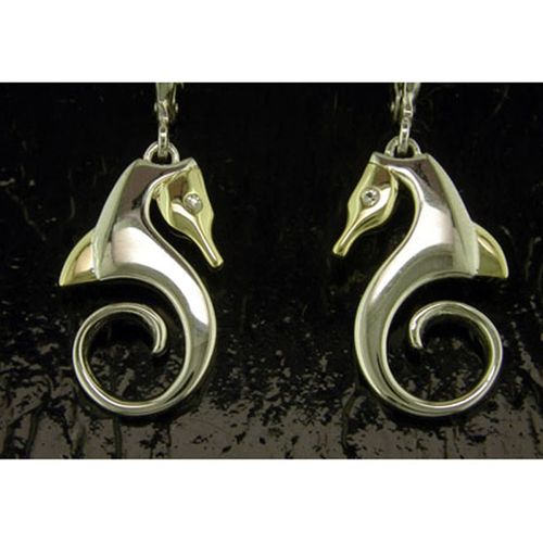 Sea Horse Earrings with White Sapphire Eyes - Sterling Silver and 14K  - SD-SGE605