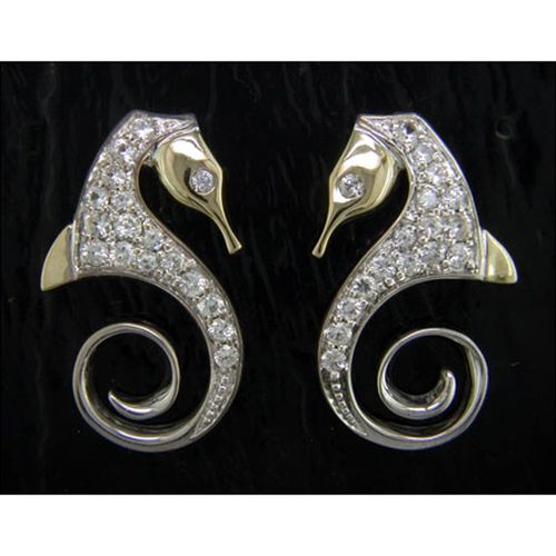 Sea Horse Earrings with White Sapphire - Sterling Silver and 14K Gold  - SD-SGE614W