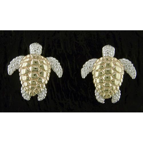 Sea Turtle Earrings with Post and Nut - Sterling Silver and 14K Gold  - SD-SGE627P
