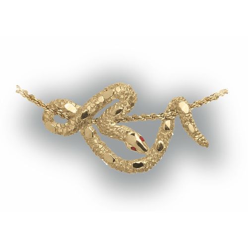 Serpent with Ruby Eyes Pendant - 14K Yellow Gold