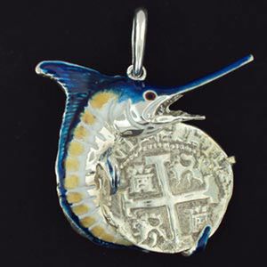 Silver Large Marlin with Coin and Enamel Pendant - 909