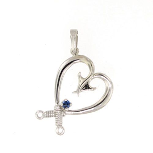 Silver Large Polynesian Hook Heart with Sapphire Pendant - 421 s