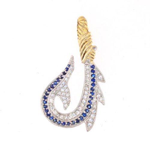 Silver Large Polynesian Hook with CZ Sapphire Pendant - 444 DS