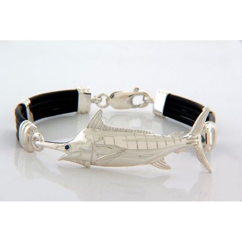 Silver Marlin Black Leather Bracelet - SB108