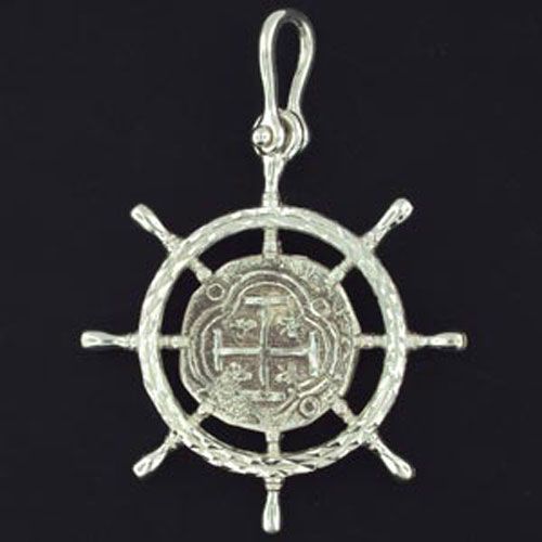 Silver Medium Ship's Wheel with Coin Pendant - 914
