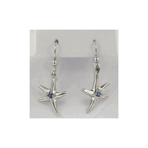 Silver Medium Star with Single Sapphire Earrings - 637 1S